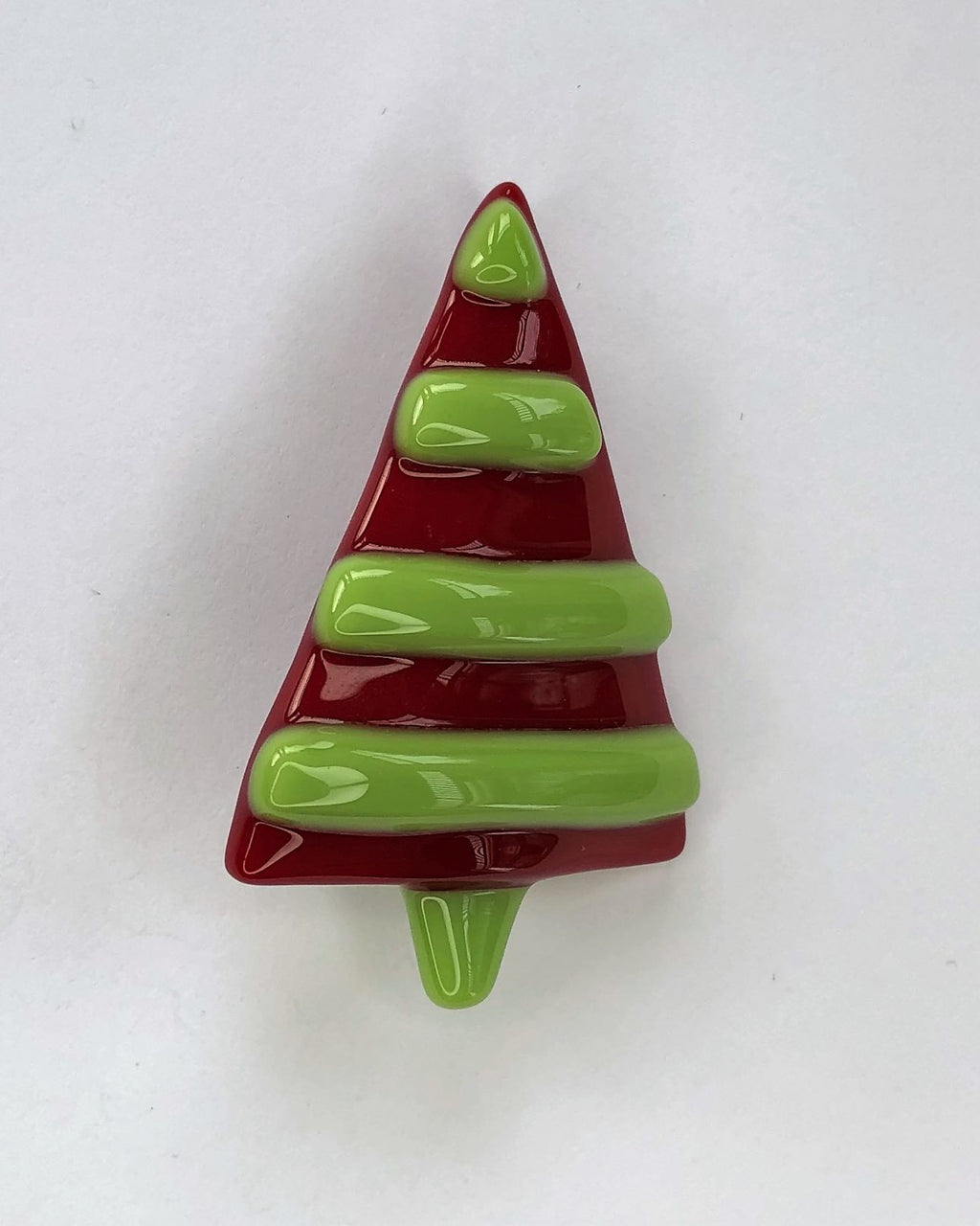Red & green striped Christmas tree glass brooch at erika